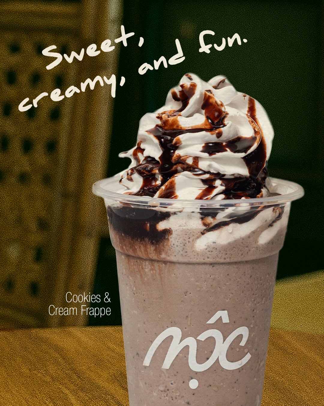 Cookies and cream frappe in MỘC Cafe branded cup